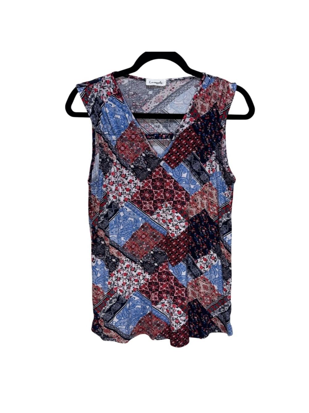 Loveappella Mix Print Gathered Shoulder Cutout Tank Size L